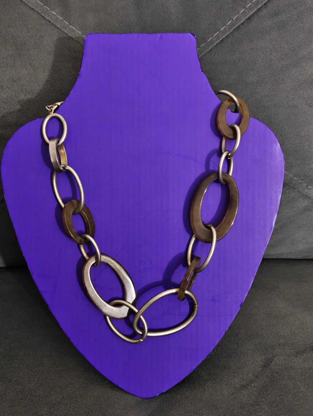Vintage Jones New York Chunky Silver & Brown Acrylic Link Statement Necklace